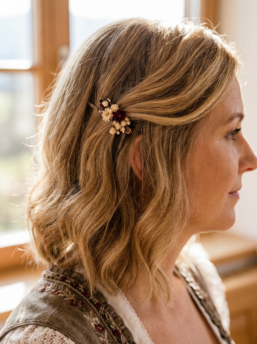 Soft Waves mit seitlichem Blumenclip als Dirndlfrisuren Inspiration 2026